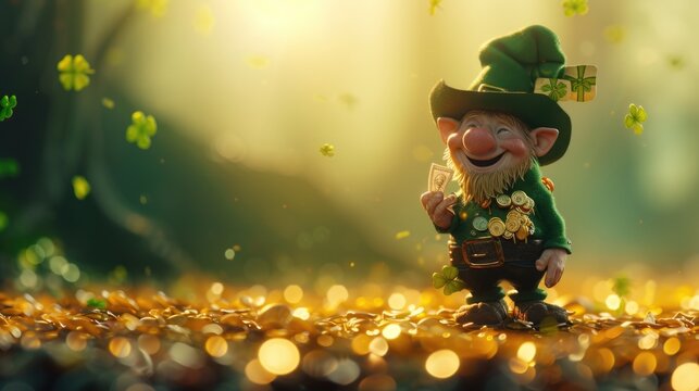 The image depicts a whimsical scene with a beaming leprechaun decked out in classic Irish attire, including a green top hat adorned with a four-leaf clover. He's standing on a treasure trove of shimme