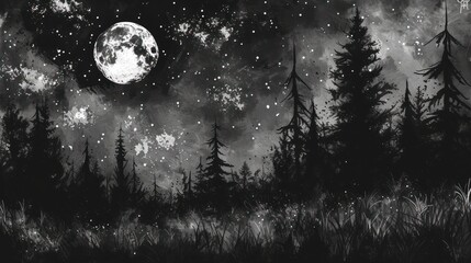 a black and white painting of a forest at night with the moon in the sky and stars in the sky.