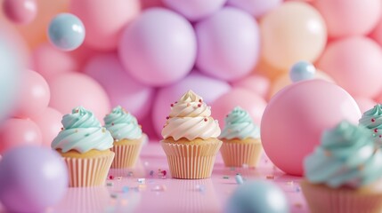The image features a row of delightful cupcakes adorned with pastel blue and cream-colored frosting, sprinkled with tiny, multi-colored pieces, presenting a sweet and celebratory arrangement. Behind t