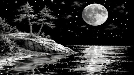 a black and white drawing of a night scene with a full moon and trees on the shore of a body of water.
