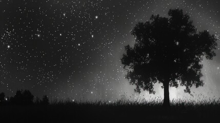 a black and white photo of a tree in a field at night with the stars in the sky above it.