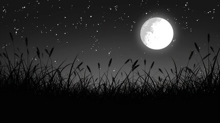 a black and white photo of a full moon with grass in the foreground and stars in the sky in the background.