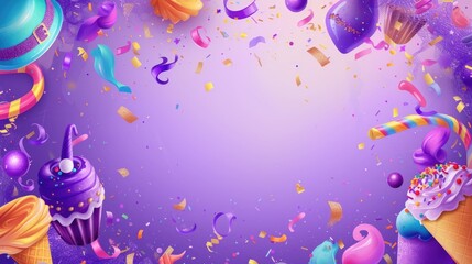 This image is a vibrant and colorful display, featuring a dynamic arrangement of party accessories including confetti, streamers, balloons, hats, and noisemakers. Intermixed are delicious-looking swee