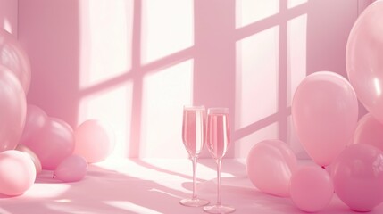 This image features a serene and romantic scene with two elegant champagne glasses set on a surface, surrounded by an array of gently colored pink balloons. The room is washed in a warm pink light, su