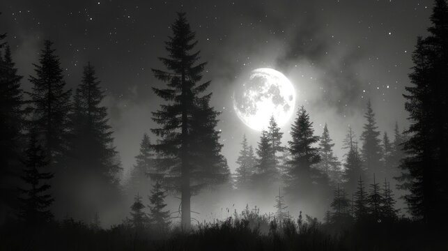 a black and white photo of a forest at night with a full moon in the sky and trees in the foreground.
