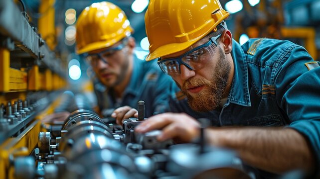 Two mature, attractive men mechanics in uniform are utilising a machine to fix or replace automotive parts, and their cooperative efforts are greatly appreciated.