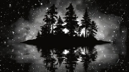 a black and white photo of a small island in the middle of a body of water with trees on it.