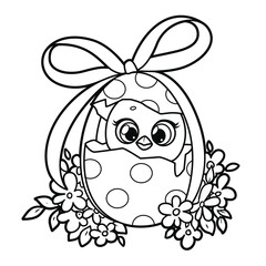 Easter painted egg that hatches into a cute chick outlined for coloring page isolated on white background