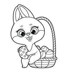 Cute bunny with big basket with Easter decorated eggs outlined for coloring on a white background