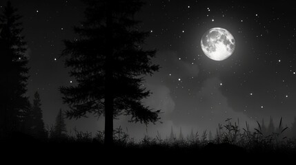 a black and white photo of the night sky with a full moon in the distance and trees in the foreground.