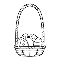 Basket with a large handle full of painted Easter eggs outlined for coloring on a white background