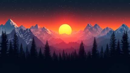 a painting of a sunset in the mountains with pine trees in the foreground and a full moon in the background.