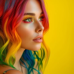 Woman with Rainbow Hair Yellow Background