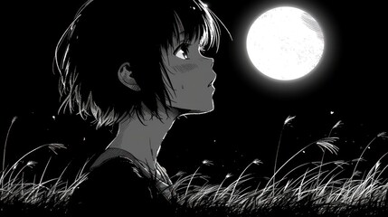 a black and white photo of a person looking at a full moon in the night sky with grass in the foreground.