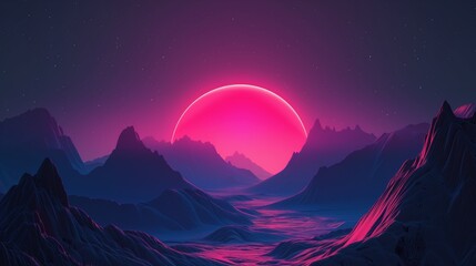 futuristic extraterrestrial mountains under a glowing pink moon - obrazy, fototapety, plakaty