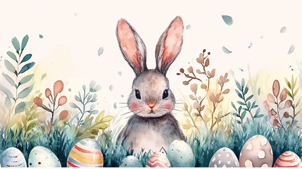 easter theme background, beautiful watercolor design with eggs and bunny and leaves