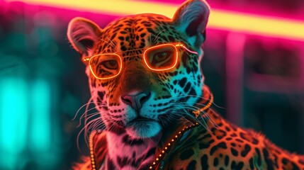 Jaguar in Neon Outfit on Green Background