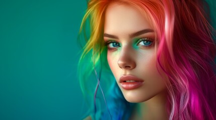 Rainbow Hair Woman on Green Background