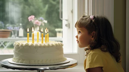 Foto op Canvas Little girl looks on birthday cake making wish. Her gaze locks onto the candles, ready to ignite her dreams. © Stavros