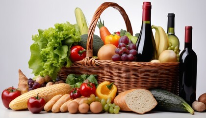 A basket full of fruits and vegetables with a bottle of wine