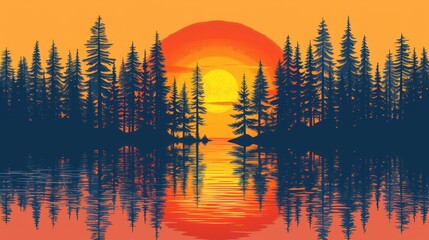 a painting of a sunset with trees in the foreground and a body of water in the middle of the picture.