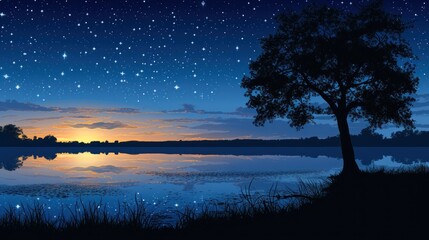 a painting of a lake with a tree in the foreground and a night sky with stars in the background.