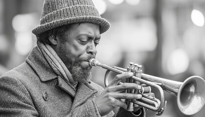 Black and white portrait of a musician playing the trumpet, April, Jazz Appreciation Month