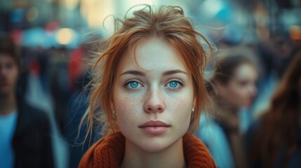 Focused Woman in Crowd Street View