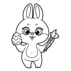 Cute bunny with an Easter egg and paint brushes in paws outlined for coloring on a white background