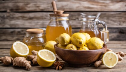 A wooden table with a bowl of lemons, a jar of honey, and a glass jar of honey