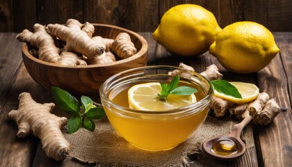 A bowl of ginger and lemon tea with lemon slices and ginger root