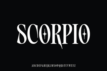 Unique decorative condensed serif alphabet display font vector. Attractive scorpio typeface © Asenbayu