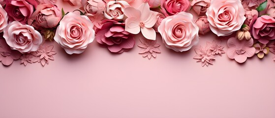 Various types of pink roses are arranged in harmony with a certain amount of pink background space.