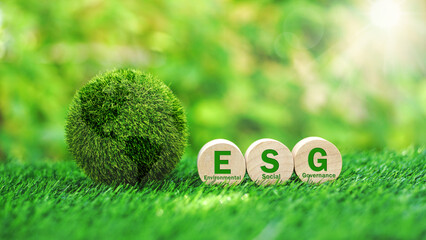 ESG text on round wooden blocks with green grass earth globe over green nature background. ESG...