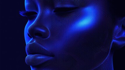 a close up of a person's face with a blue light in the middle of the image and a black background.