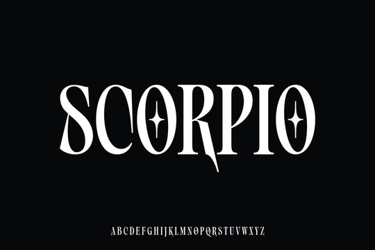 Unique decorative condensed serif alphabet display font vector. Attractive scorpio typeface