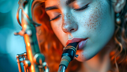 Portrait of a woman playing the saxophone, April, Jazz Appreciation Month