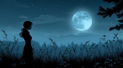 a silhouette of a woman standing in a field at night with a full moon in the sky in the background.
