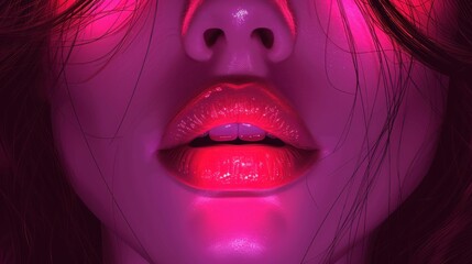 a close up of a woman's lips with red light coming out of her mouth and her hair blowing in the wind.