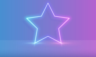 Vector 3d render, stars glowing in the dark, pink blue neon light, illuminate frame design. Abstract cosmic vibrant color backdrop. Glowing neon light. Neon frame with rounded corners.