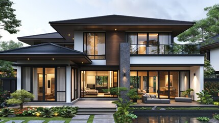 Fototapeta premium Modern house facade design with warm white lights. 3d facade.