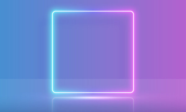 Vector 3d render, square glowing in the dark, pink blue neon light, illuminate frame design. Abstract cosmic vibrant color backdrop. Glowing neon light. Neon frame with rounded corners.