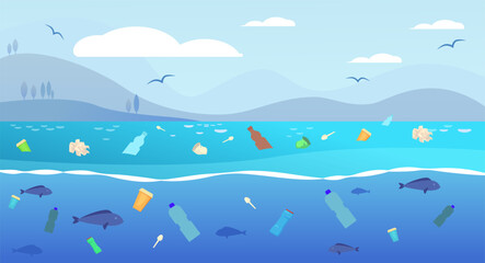 Fototapeta na wymiar Ocean full with different garbage vector illustration. Bottles, packages, plastic cup and spoons causing harm to marine fauna. Environment, ecology, water pollution concept