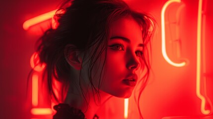 Woman in Neon Light on Red Background