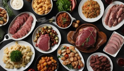 A variety of foods on plates, including meat, vegetables, and pasta