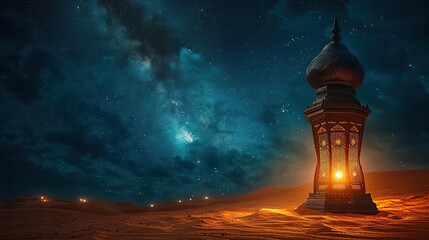 Fototapeta premium Lantern in the desert at night with camel, ramadan kareem banner background concept