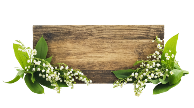 un panneau en bois avec des bruns de muguet par dessus - espace vide pour texte - fond transparent