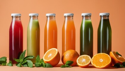 A row of six bottles of juice with oranges in front