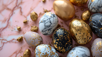 Obraz na płótnie Canvas marbled eggs adorned with golden accents, on backdrop of an elegant marble surface. Easter background
