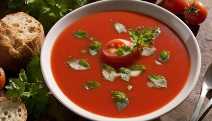 A bowl of soup with tomatoes and herbs